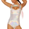 J. Valentine Lingerie Silver Hologram Pyramid Keyhole Bodysuit