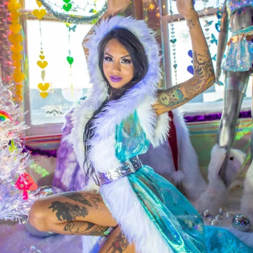 J. Valentine Music Festival Wear Organza Snowflake Fur Trimmed Duster 11 J. Valentine Music Festival Wear Organza Snowflake Fur Trimmed Duster