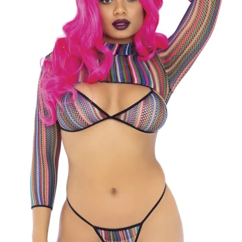 Leg Avenue Colorful Fishnet Bikini And Crop Top Set