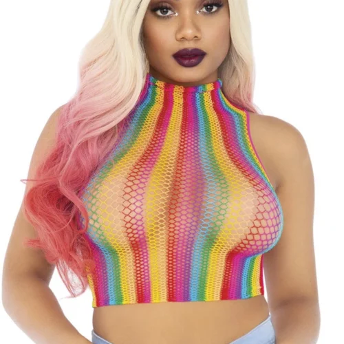 Leg Avenue Rainbow Fishnet High Neck Crop Top