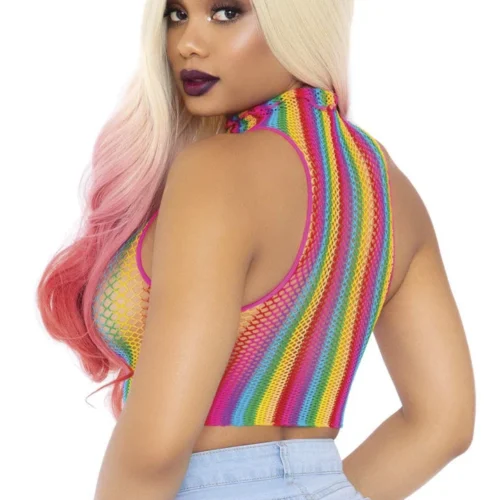 Leg Avenue Rainbow Fishnet High Neck Crop Top