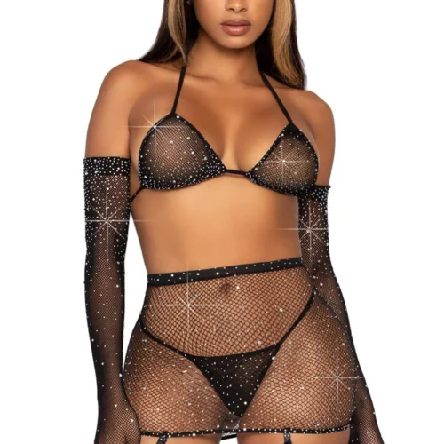 Leg Avenue Rhinestone Fishnet Bra And Skirt Set Lingerie