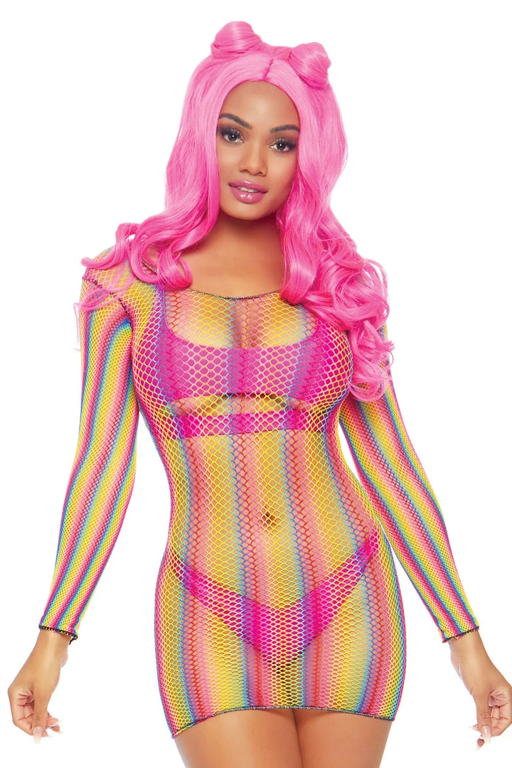Leg Avenue Long Sleeve Rainbow Fishnet Mini Dress 5 Leg Avenue Long Sleeve Rainbow Fishnet Mini Dress