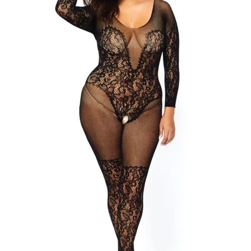 Leg Avenue Plus Size Net And Lace Long Sleeve Bodystocking