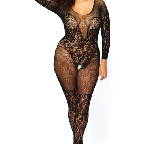 Leg Avenue Plus Size Net And Lace Long Sleeve Bodystocking
