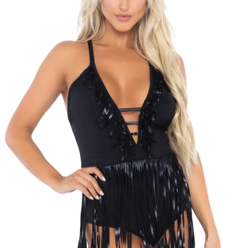 Leg Avenue Metallic Fringe Halter Bodysuit