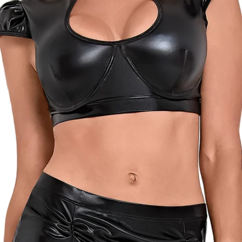 Magic Silk Liquid Onyx Keyhole Crop Top And Garter Skirt Lingerie