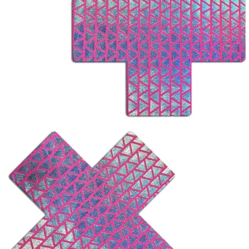 Pastease Neon Pink Holographic Triangle Cross Nipple Pasties