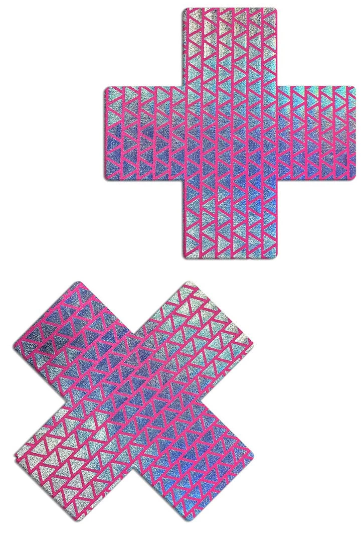 Pastease Neon Pink Holographic Triangle Cross Nipple Pasties 1 Pastease Neon Pink Holographic Triangle Cross Nipple Pasties