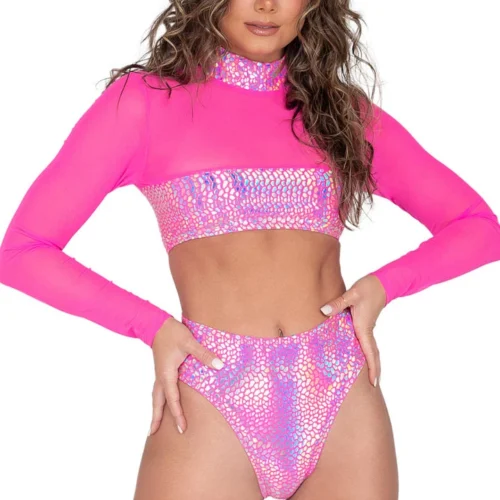 Roma Costume Metallic And Sheer Crop Top