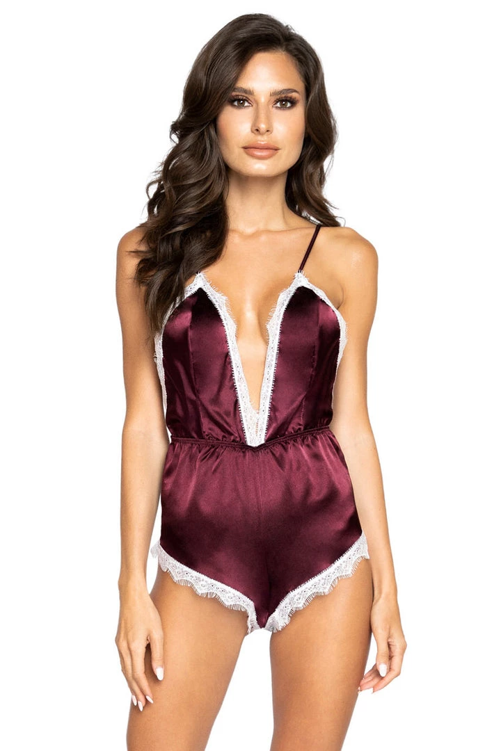Roma Costume Lingerie Satin Pajama Romper With Eyelash Lace Trim 1 Roma Costume Lingerie Satin Pajama Romper With Eyelash Lace Trim