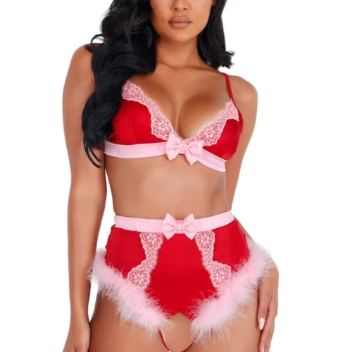 Roma Costume Lace And Satin Marabou Bra Set Lingerie