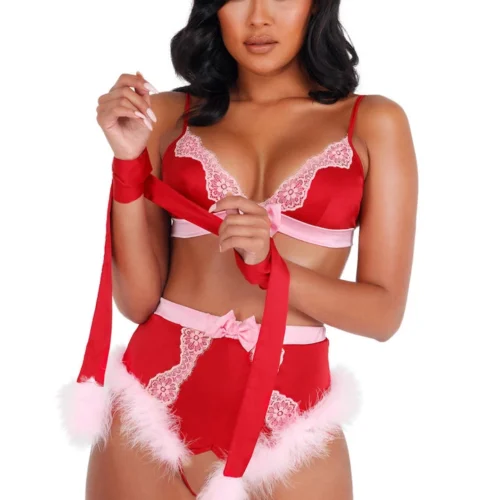 Roma Costume Lace And Satin Marabou Bra Set Lingerie