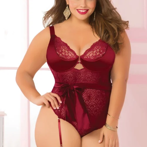 Seven Till Midnight Plus Size Galloon Lace Geo Teddy