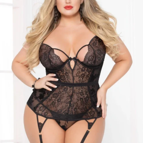 Seven Till Midnight Plus Size Flocked Lace Bustier Set