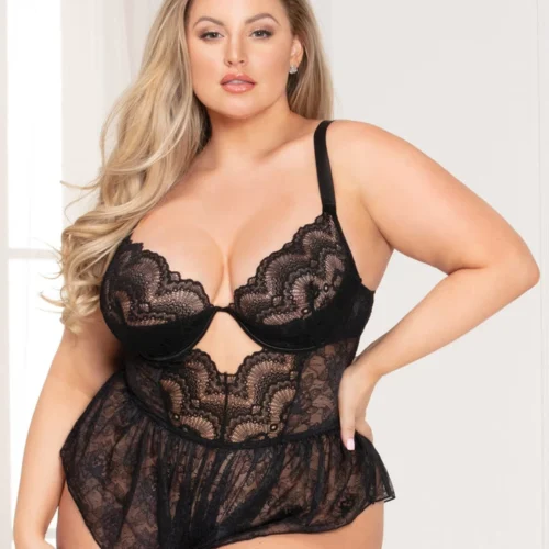 Seven Till Midnight Plus Size Black Lace Flounce Teddy