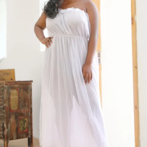 3WISHES Plus Size White Mesh Lingerie Gown