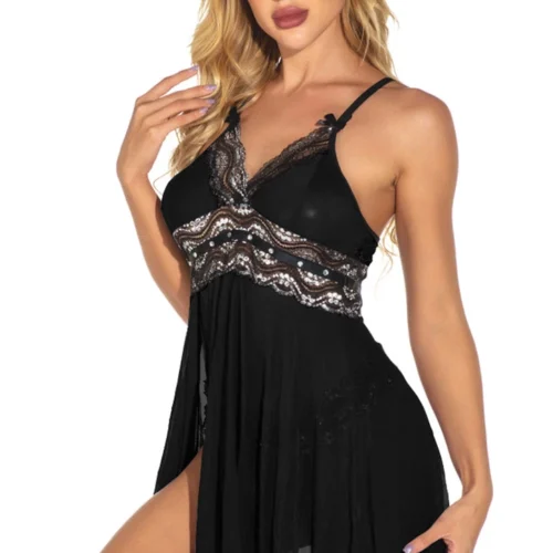 3WISHES Plus Size Metallic Lace Flyaway Mesh Babydoll