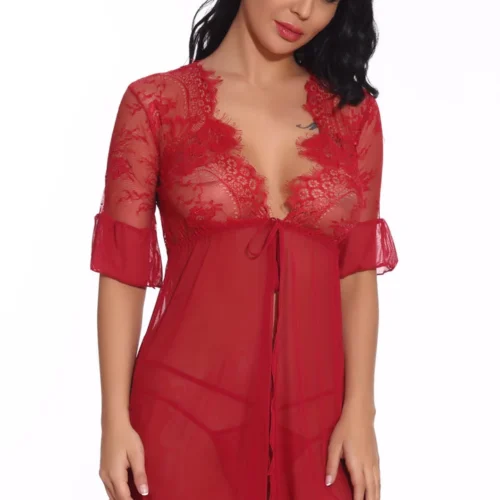 3WISHES Tie Front Robe And Thong Lingerie