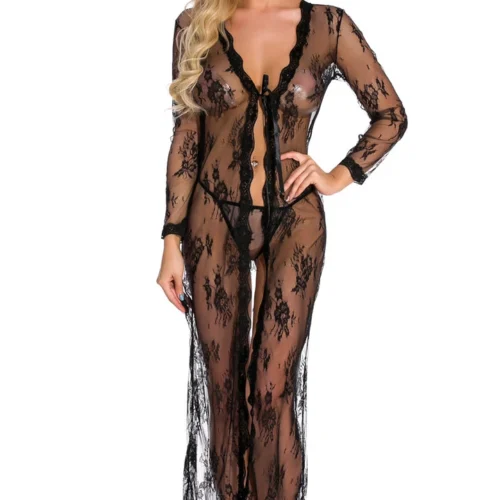 3WISHES Long Floral Lace Robe Lingerie
