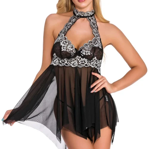 3WISHES High Neck Contrast Lace Babydoll