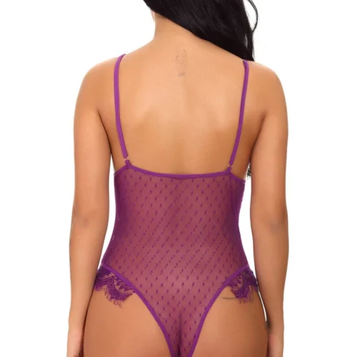 3WISHES Delicate Lace And Dotted Mesh Teddy Lingerie