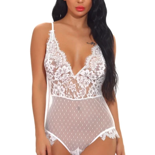 3WISHES Delicate Lace And Dotted Mesh Teddy Lingerie