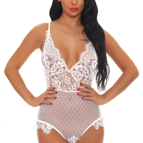 3WISHES Delicate Lace And Dotted Mesh Teddy Lingerie