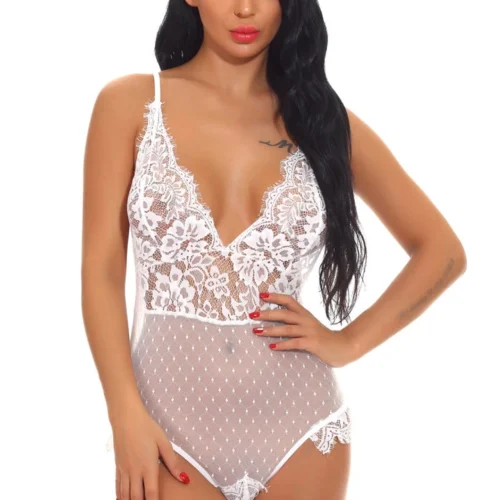 3WISHES Delicate Lace And Dotted Mesh Teddy Lingerie