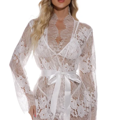 3WISHES Floral Eyelash Lace Robe Lingerie