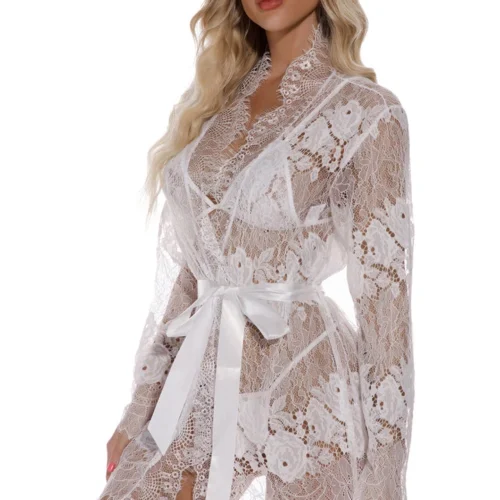 3WISHES Floral Eyelash Lace Robe Lingerie