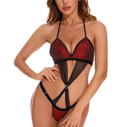 Coquette Lingerie Burgundy Satin And Mesh Teddy
