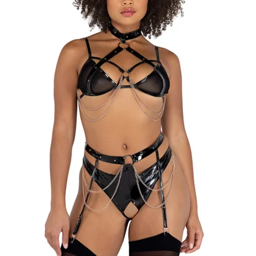 Roma Costume Lingerie Vinyl And Chains Harness Bra And Crotchless Panty