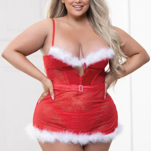 Seven Till Midnight Plus Size Holiday Lace And Marabou Chemise