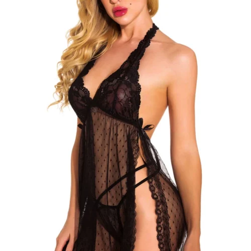 3WISHES Fancy French Dot Halter Babydoll Babydoll Lingerie