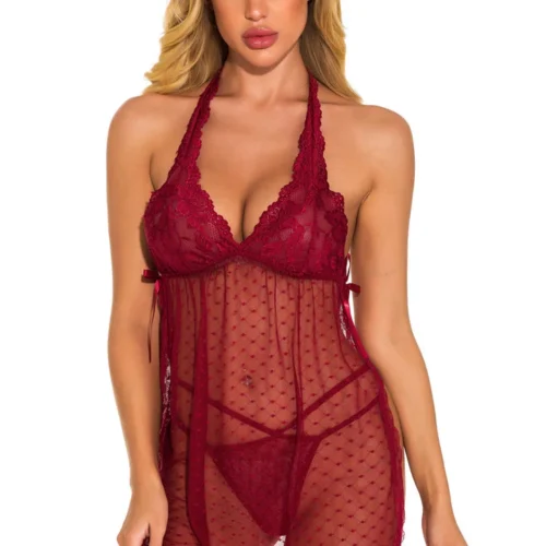 3WISHES Fancy French Dot Halter Babydoll Babydoll Lingerie