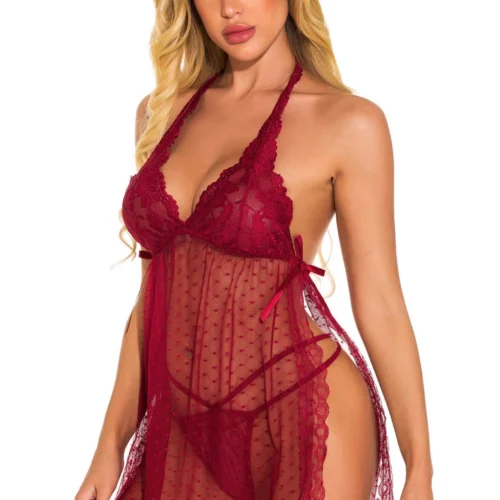 3WISHES Fancy French Dot Halter Babydoll Babydoll Lingerie