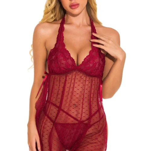 3WISHES Fancy French Dot Halter Babydoll Babydoll Lingerie