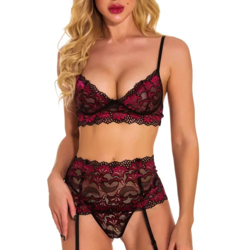 3WISHES Lingerie Wine Red Lace Bra Set
