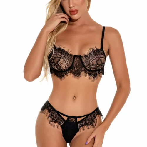 3WISHES Lingerie Elegant Eyelash Lace Bra Set