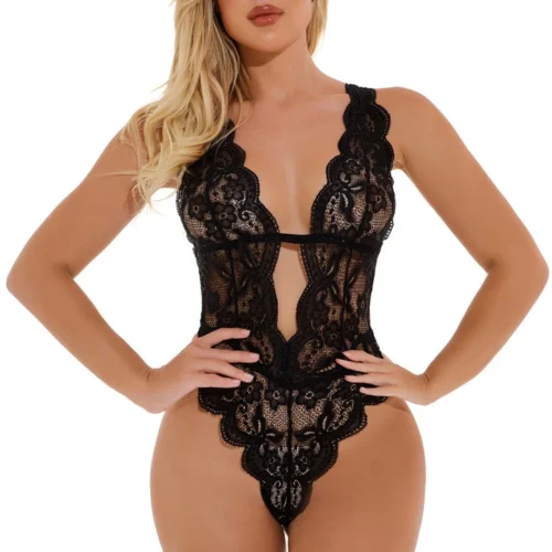 3WISHES Strappy Lace Lingerie Teddy Teddy Lingerie