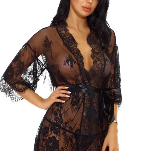 3WISHES Eyelash Lace And Mesh Robe