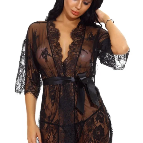 3WISHES Eyelash Lace And Mesh Robe